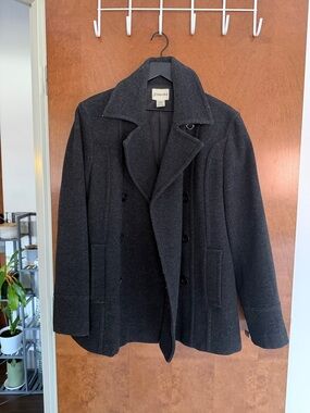 St. John's Bay Black Double-Breasted Pea Coat with Wide Collar